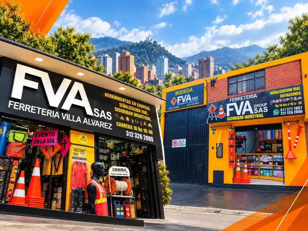 Dos sedes de Ferretería Villa Álvarez en Bogotá con productos de ferretería, señalización vial y seguridad industrial